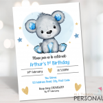 Blue Teddy Birthday Invites