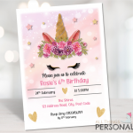 Pink Floral Unicorn Birthday Invites