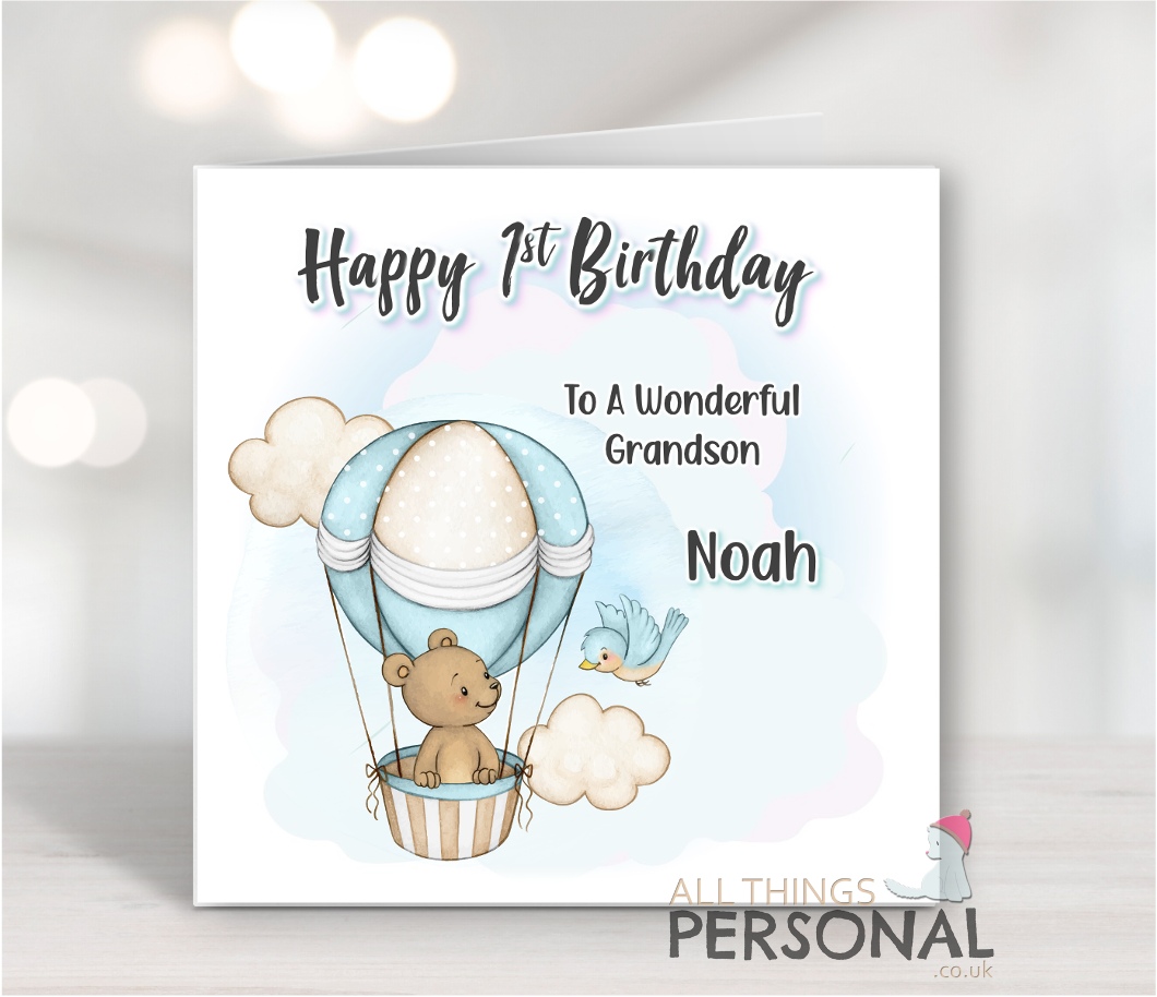 Bear in a balloon birthday card Blue Bear In A Balloon Birthday Card - Image 1