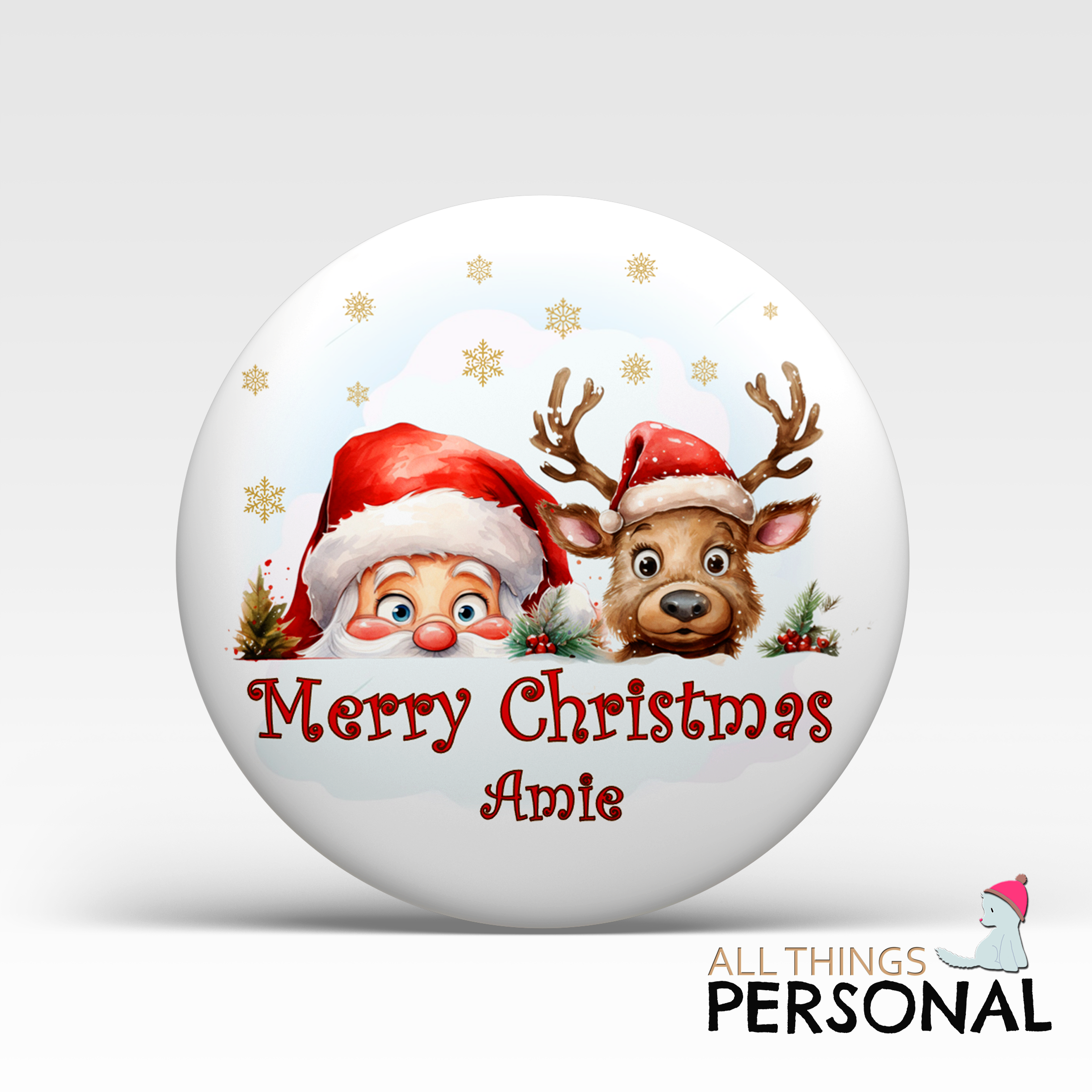 Christmas Peeping santa & reinderr badge Santa & Reindeer Christmas Badge - Image 1
