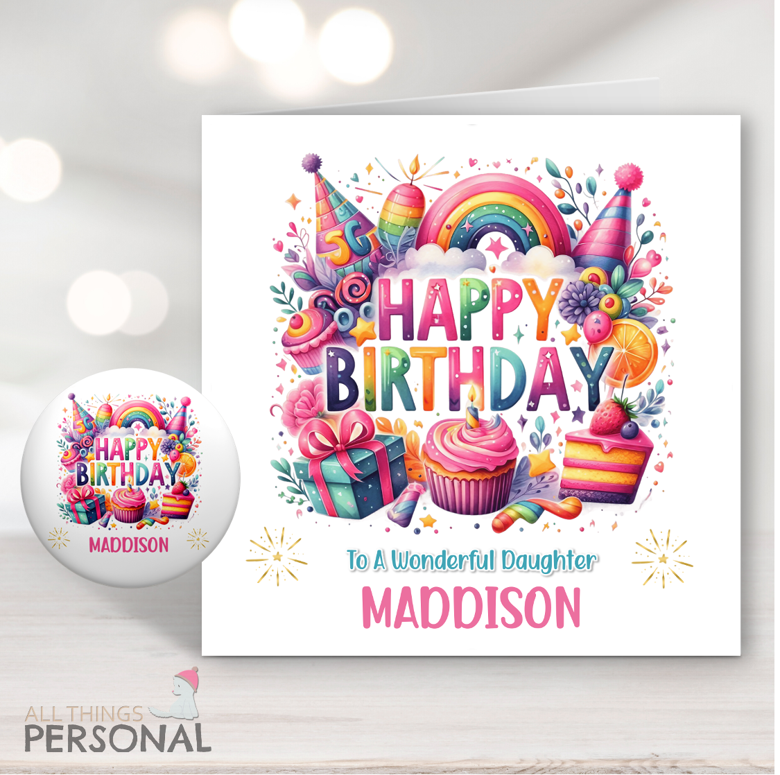 Pink Party Time Birthday main Personalised Girls Birthday Card