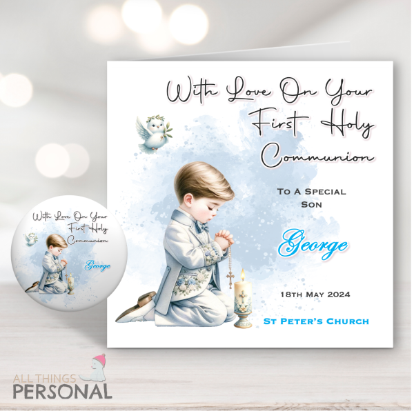 Blue Boy's First Holy Communion Card & Badge