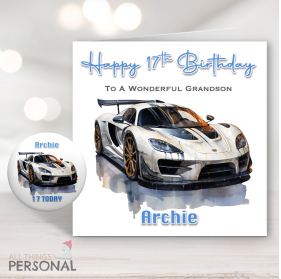 White Racing Car Birthday Card & Badge