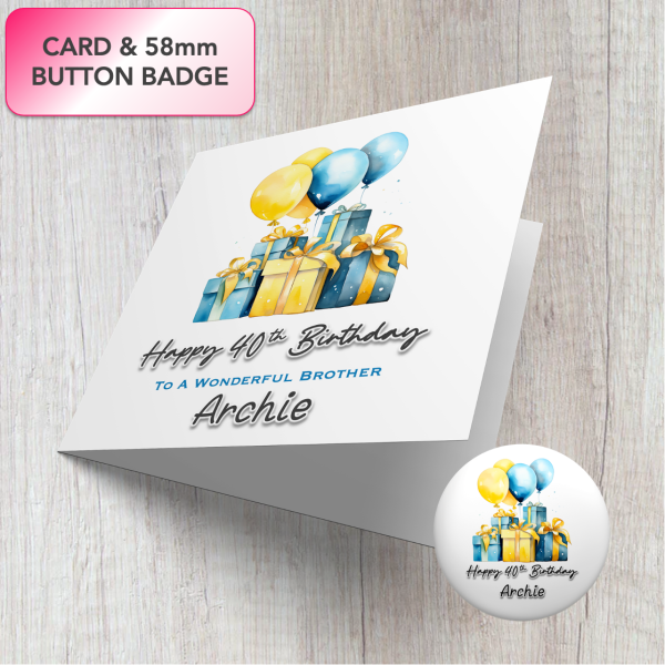 Blue Gifts Birthday Card with badge