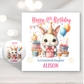 Cute Rabbit Birthday Card with Badge