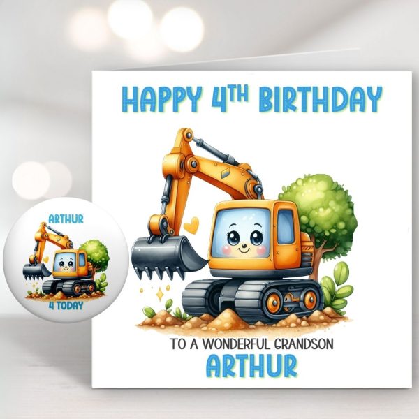 Digger Birthday Card & badge