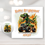 Dinosaur Monster Truck Birthday Card & Badge