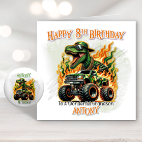 Dinosaur Monster Truck Birthday Card & Badge