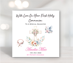 Pink Cross Girl's First Holy Communion Card