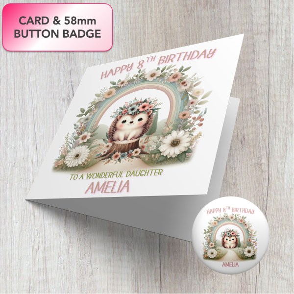 Personalised Hedgehog Woodland Birthday Card & Badge