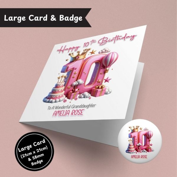 Pink Perfection at 10 Birthday large Card & Button Badge