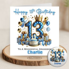 Blue Vibes 13th Birthday Card & Button Badge Main