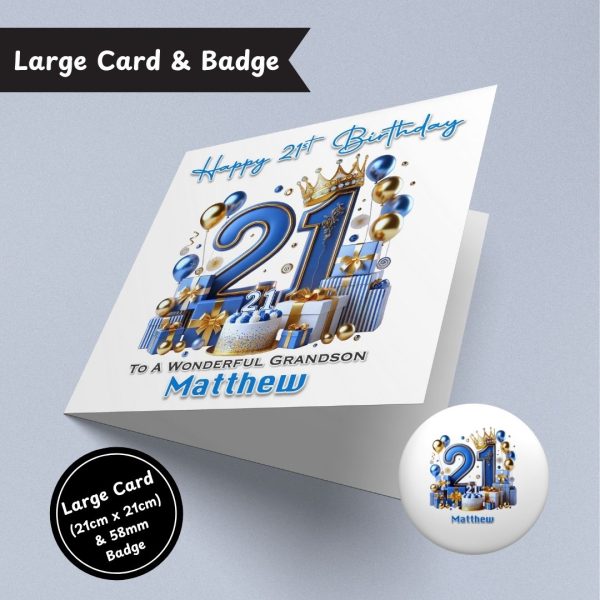 Blue Vibes 21st Birthday Large Card & Button Badge