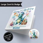 Cute Dinosaur Birthday Large Card & Button Badge