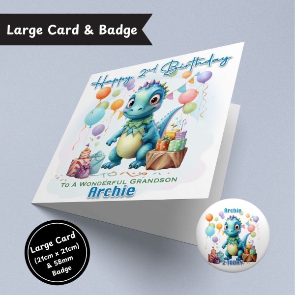 Cute Dinosaur Birthday Large Card & Button Badge