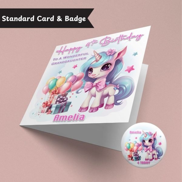 Cute Unicorn Birthday Card & Button Badge