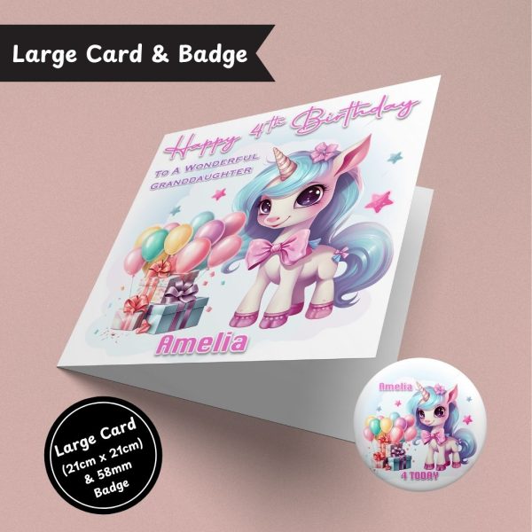 Cute Unicorn Birthday Large Card & Button Badge