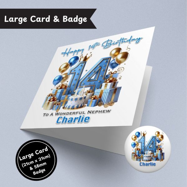 Blue Vibes 14th Birthday Large Card & Button Badge