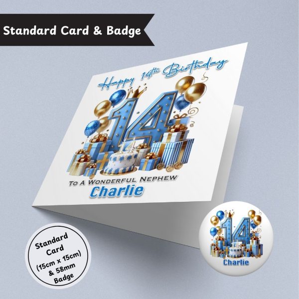 Blue Vibes 14th Birthday Standard Card & Button Badge