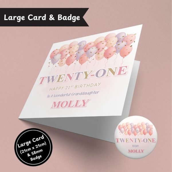 Pastel Wishes 21st Birthday Large Card & Button Badge
