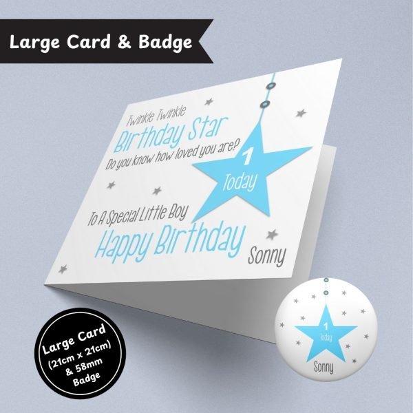 Blue Twinkle Twinkle Birthday Star Large Card & Button Badge