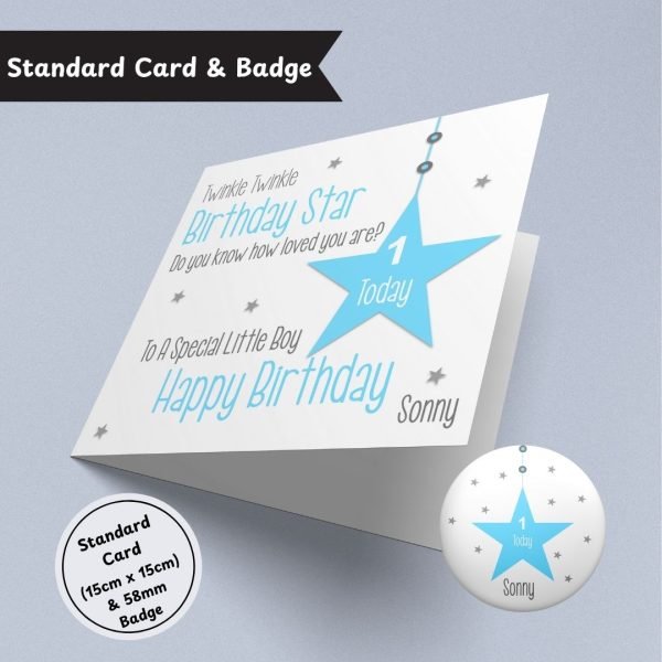 Blue Twinkle Twinkle Birthday Star Standard Card & Button Badge