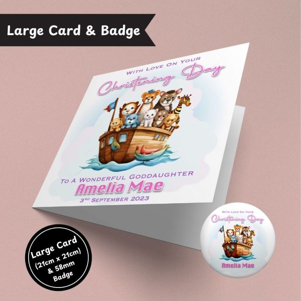 Pink Noah’s Arc Christening Large Card & Button Badge