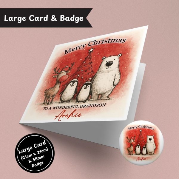 Jolly Woodland Wonders Christmas Large Card & Button Badge