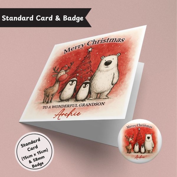 Jolly Woodland Wonders Christmas Standard Card & Button Badge