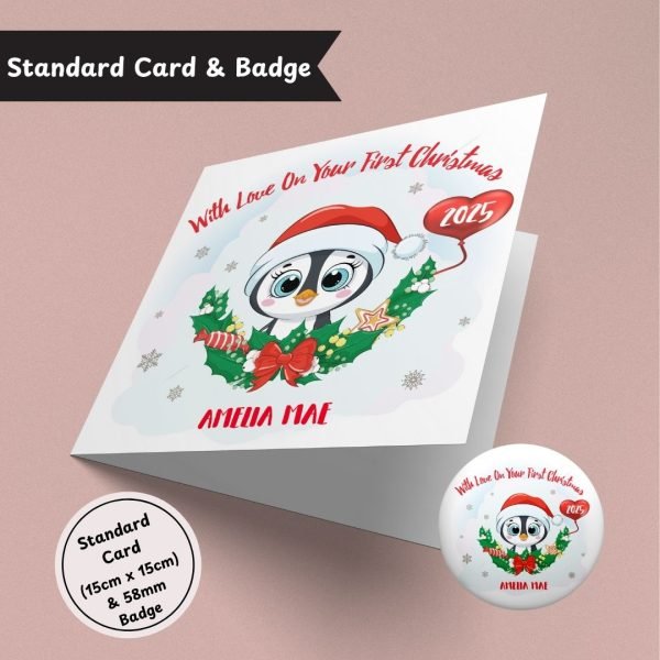 On Your First Christmas Penguin Standard Card & Button Badge