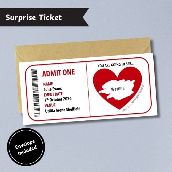 Red Concert Surprise Ticket with Envelope