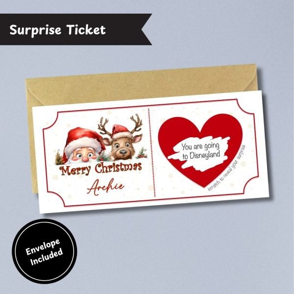 Santa & Reindeer Christmas Surprise Ticket with Envelope