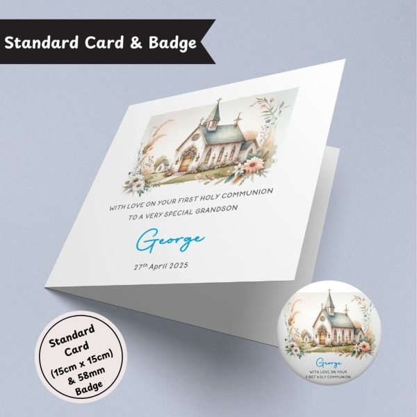 Blue Blessed First Communion Standard Card & Button Badge