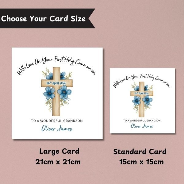 Blue Floral Cross Communion Card Sizes