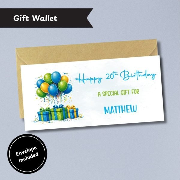 Blue & Green Balloon BirthdayMoney Wallet Card with Envelope
