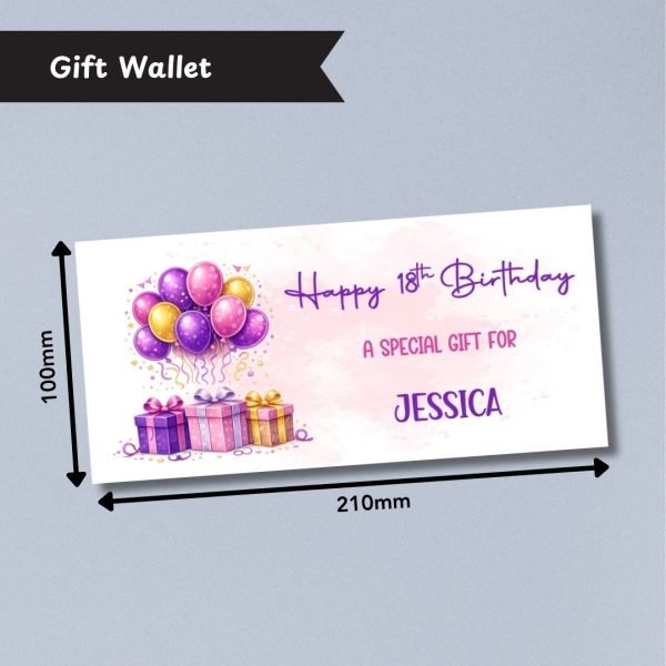 Pink & Purple Balloons Birthday Money Wallet Card Dimensions