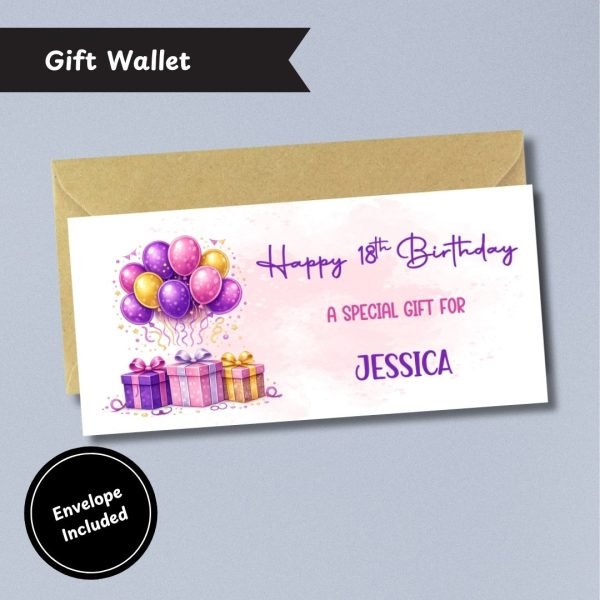 Pink & Purple Balloons Birthday Money Wallet Card with Envelope