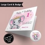 Cute Elephant Girls Birthday Large Card & Button Badge
