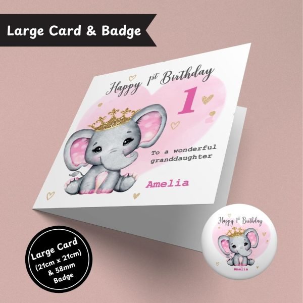 Cute Elephant Girls Birthday Large Card & Button Badge