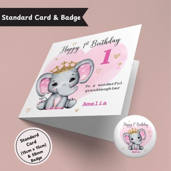 Cute Elephant Girls Birthday Standard Card & Button Badge