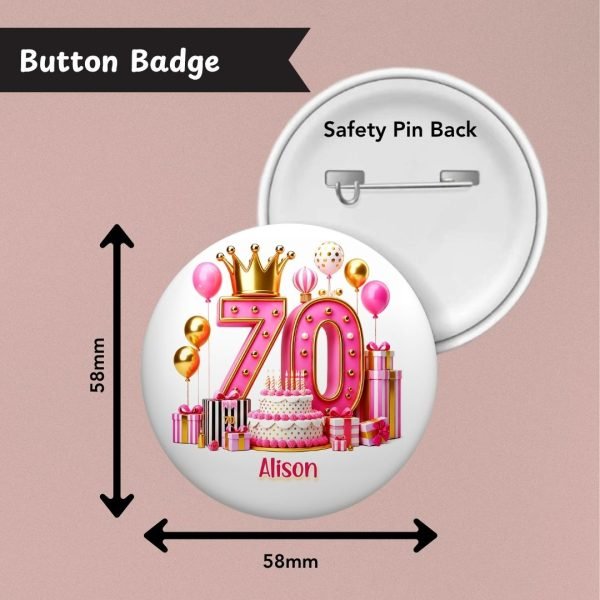 Pink Vibes 70th Birthday Badge Info